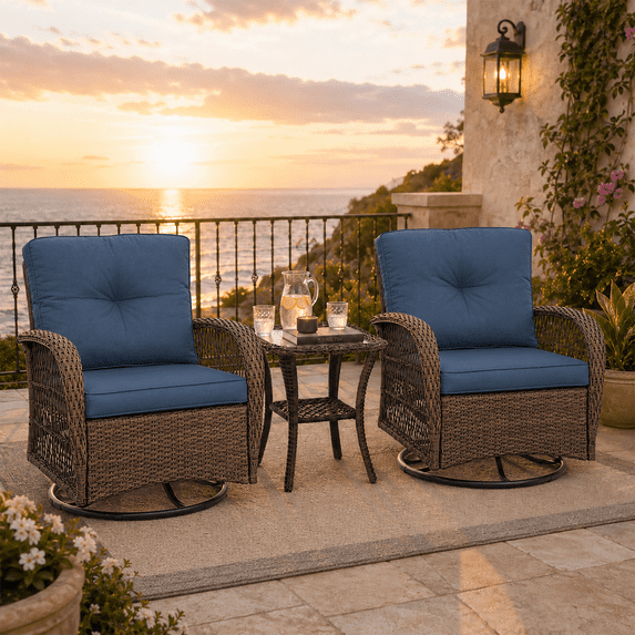 Outdoor Patio Chair Set, 3PCS Porch Funiture for Deck, Deck Rattan Wicker Bistro Set with 4''T Cushions, Coffee Table, 360° Swivel Rocker for 2