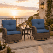 3 Pcs Patio Furniture Set Clearance, Outdoor Chair Set of 2 with 2-Tier Table, Front Porch Rattan Wicker Bistro Set Cushioned, Heavy-duty Steel 360 Swivel Balcony Conversation Set