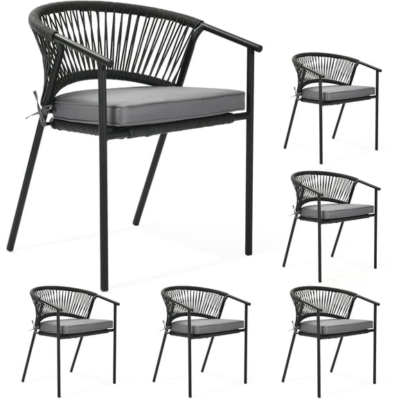 Outdoor Patio Chairs Set of 6, Stackable Dining Chairs Rattan Wicker Outdoor Patio Furniture Set with Cushion All Weather Bistro Chair for Garden Backyard Porch Poolside (Grey)