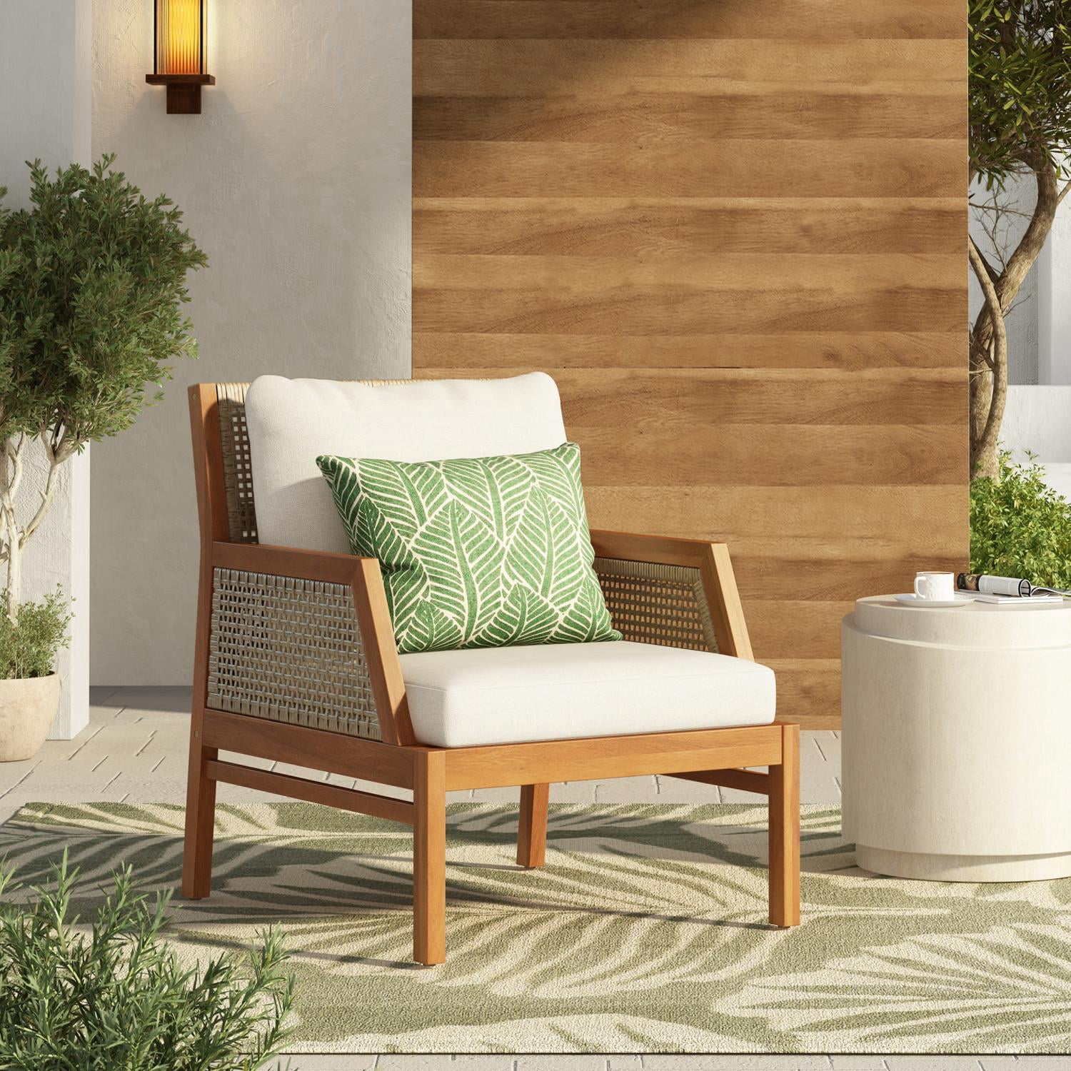 Outdoor Patio Club Chair with Acacia Wood and Hand-Woven Flat Wicker, Deep Seating Armchair and Garden Chair with Soft Cushions for Backyard Balcony, Teak and Cream