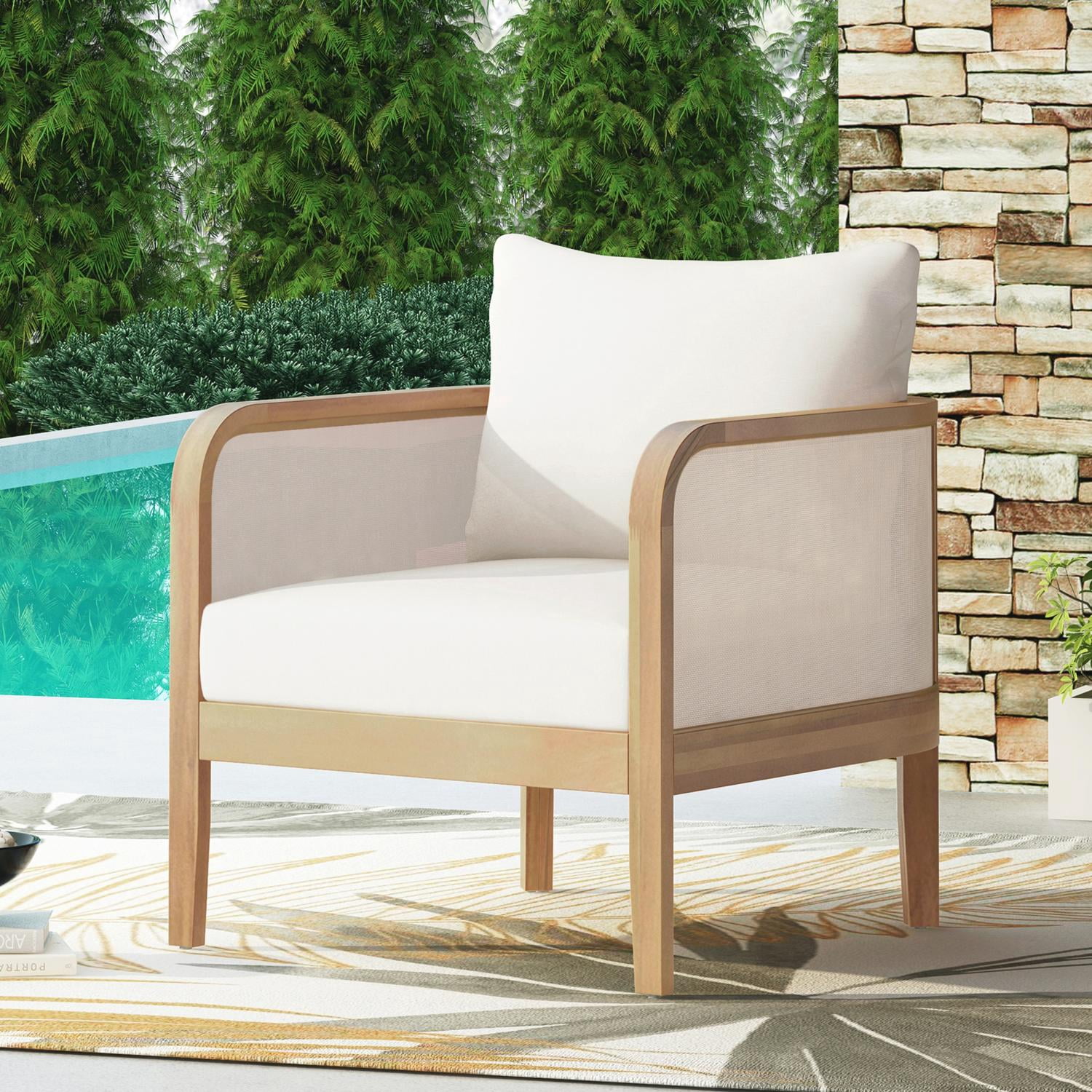 Outdoor Patio Club Chair with Acacia Wood and Textilene Mesh, Deep Seating Armchair and Garden Chair with Waterproof Cushion for Porch Backyard, 400 lb Cap, Teak and Beige