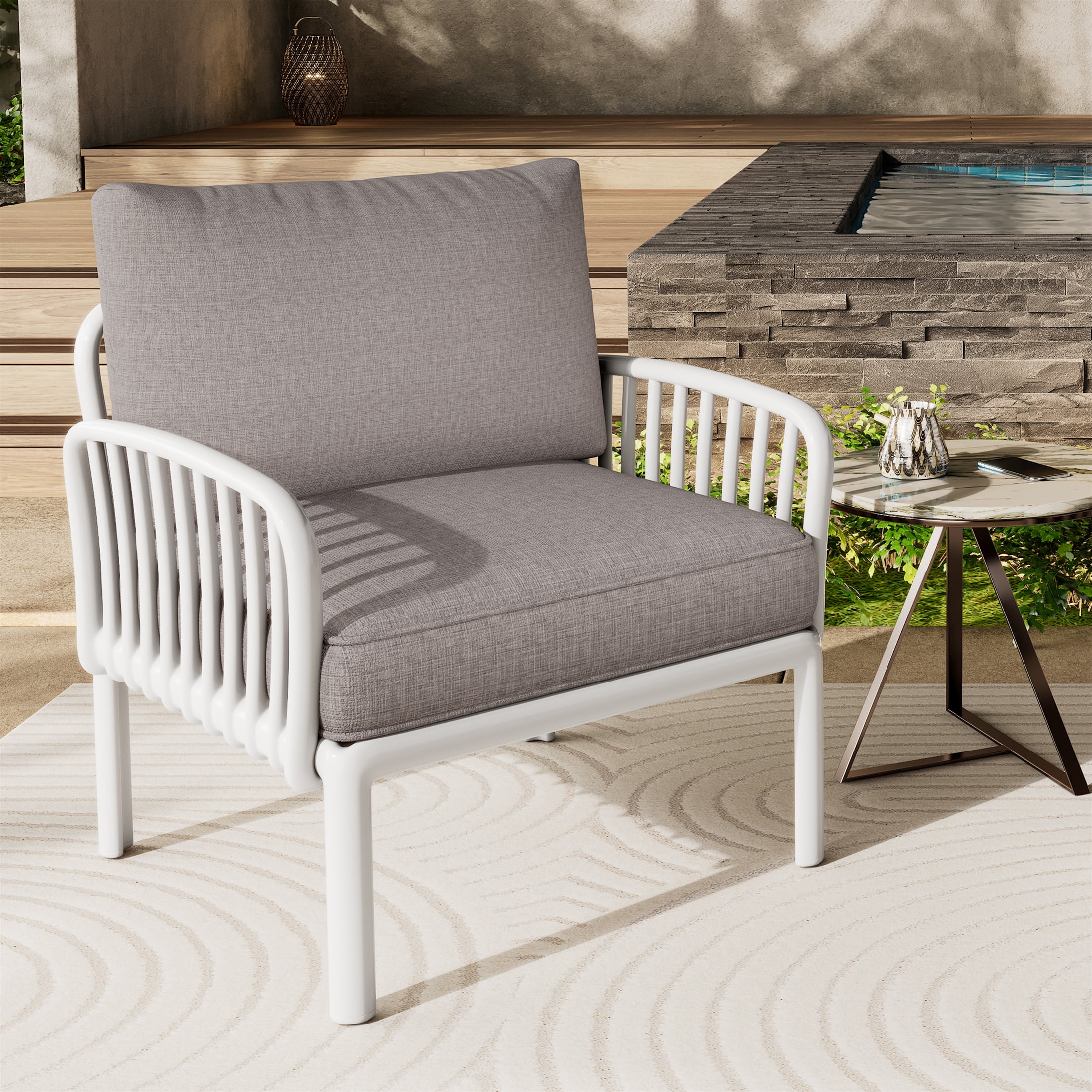 Outdoor Patio Club Chair, Patio Furniture Waterproof Thick Cushion Deep Seating for Porch Balcony, White and Light Gray
