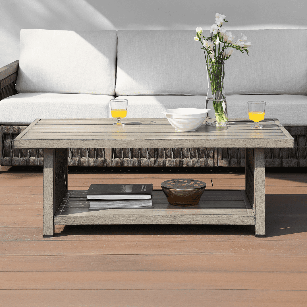 Outdoor Patio Coffee Table with 2-Tier Storage, Aluminum Frame & All-Weather Rope Weave Top, Rust-Resistant, Modern Style for Garden, Balcony & Poolside