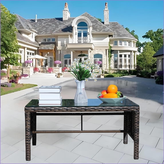 Outdoor Patio Coffee Table | Mesa de Centro | Modern Tan Brown Wicker, Clear Tempered Glass, Backyard | Rattan | Table Shape:Rectangle
