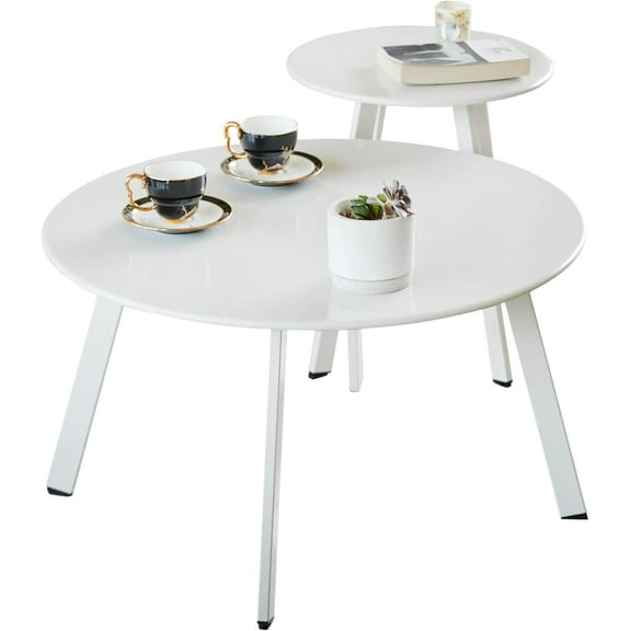 Outdoor Patio Coffee Table Set of 2, Weather Resistant End Table, Round Nesting Tables for Living Room Balcony Office