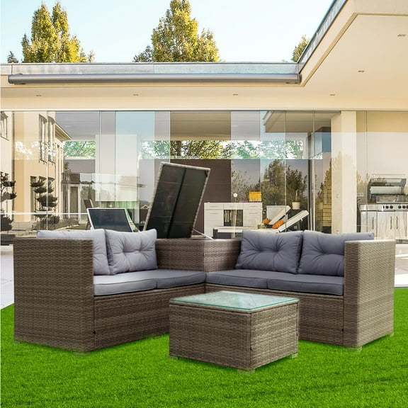 Outdoor Patio Conversation Set, 4 PCS All-Weather PE Rattan Sectional Cushioned Sofa with Table and Storage Box, Manual-Woven Wicker Couch Chair Set, Outdoor Patio Deck Garden Bistro Set, B894