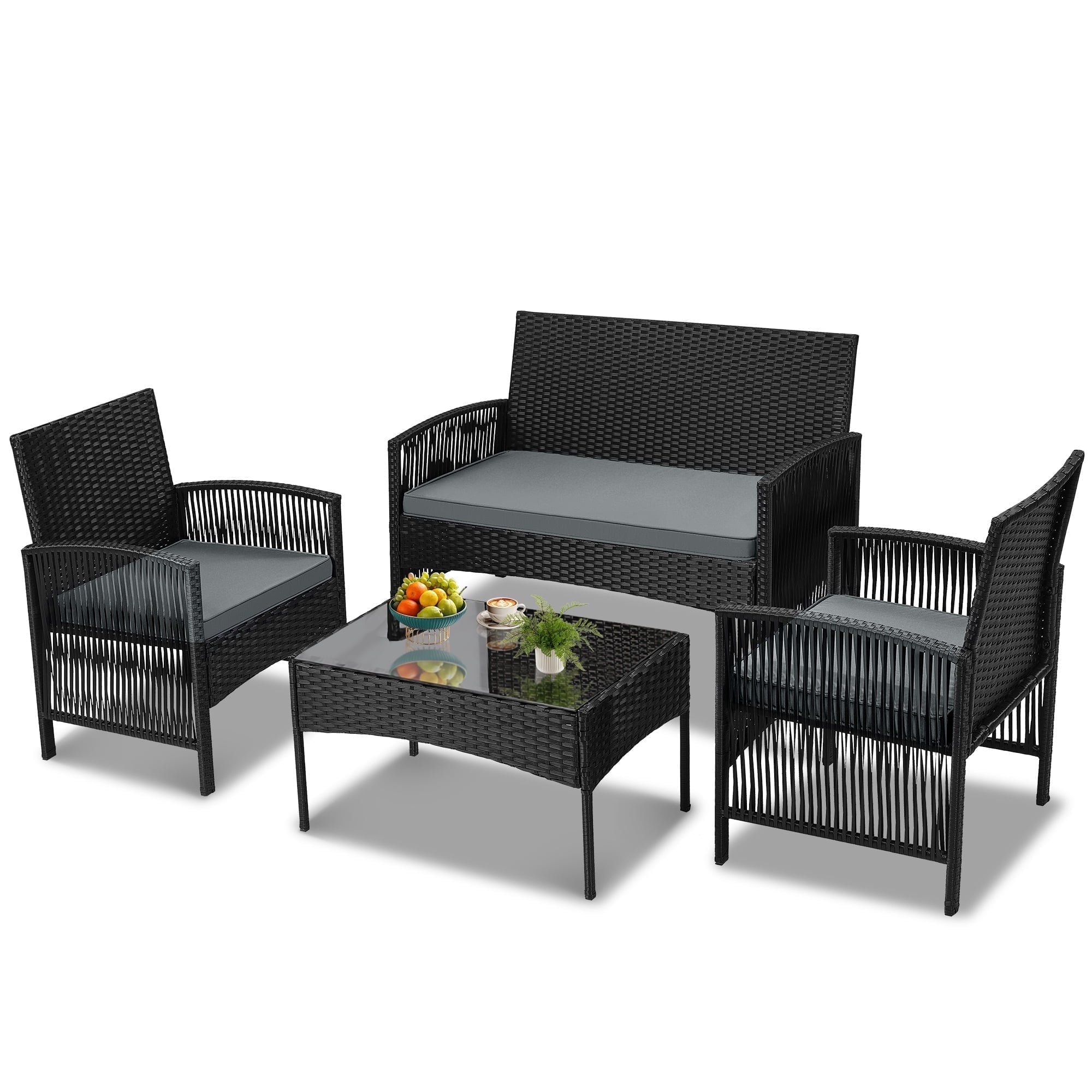 Segmart 4-Piece Patio Set, Rattan Conversation Set with Cushioned Sofa & Chairs, Gray