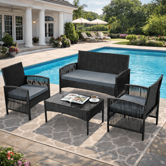Outdoor Furniture Set, Segmart 4 Pieces Rattan Patio Sofa Set Cushioned Sofa & Charis, Deck Porch Poolside Furniture Conversation Set for 4 with Coffee Table, Gray
