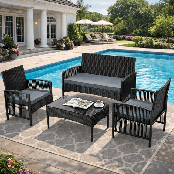 Outdoor Furniture Set, Segmart 4 Pieces Rattan Patio Sofa Set Cushioned Sofa & Charis, Deck Porch Poolside Furniture Conversation Set for 4 with Coffee Table, Gray