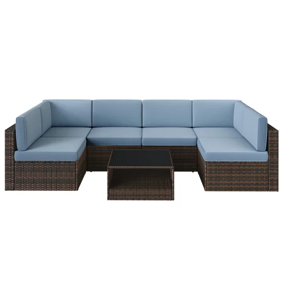 Outdoor Patio Conversation Sets, 7 Pcs Sectional Sofa Set, Rattan Wicker Patio Furniture Sets for Yard Deck Balcony, Free Combination Cushioned Sofa Set W/ Table for Outside, Navy Blue