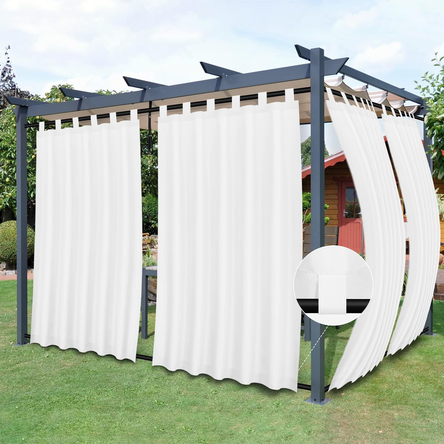 Outdoor Patio Curtains Detachable Tab Top Windproof Weatherproof Curtain for Cabana, Porch, Pergola and Gazebo, Bottom Drape, 2 Panels, 54W x 84L inch, White