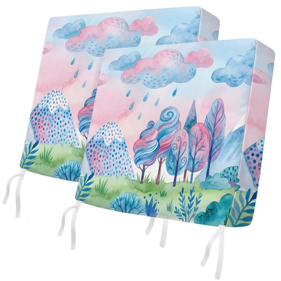 Outdoor Patio Cushion Covers 2 Pack Blue Pink Could Rain Drop Chair Pads Slipcovers with Ties & Zipper Waterproof Forest Tree Mountain Seat Cushion Covers for Outdoor Couch Sofa 20x18 Inch