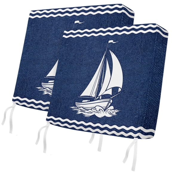 Outdoor Patio Cushion Covers 2 Pack Nautical Sailing Boat Chair Pads Slipcovers with Ties & Zipper Waterproof Coastal Denim Blue Stripes Seat Cushion Covers for Outdoor Couch Sofa 20x18 Inch