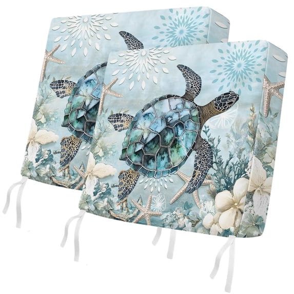 Outdoor Patio Cushion Covers 2 Pack Sea Turtle Patio Chair Cushion Covers with Ties and Zipper Blue Ocean Coral Starfish Waterproof Outdoor Seat Cushion Covers for Patio Furniture 22"x20"