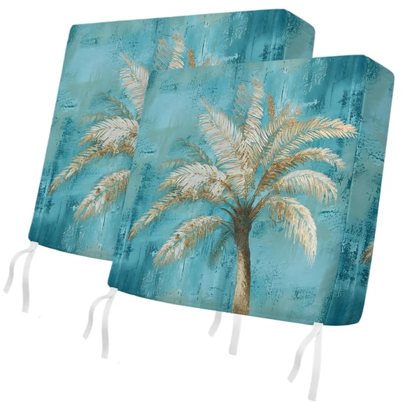 Outdoor Patio Cushion Covers 2 Pack Tropical Palm Tree Chair Pads Slipcovers with Ties & Zipper Waterproof Teal Blue Graffiti Coastal Island Seat Cushion Covers for Outdoor Couch Sofa 20x18 Inch