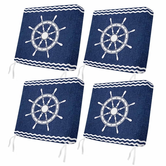 Outdoor Patio Cushion Covers 4 Pack Nautical Captain's Wheel Chair Pads Slipcovers with Ties & Zipper Waterproof Helm Navy Blue Stripes Seat Cushion Covers for Outdoor Furniture Couch Sofa 20x18