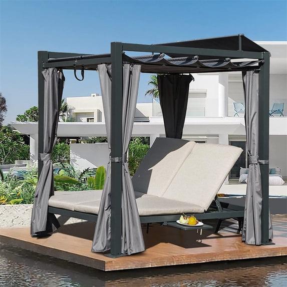 Triple Tree Water-Resistant Aluminum Outdoor Patio Daybed with Retractable Canopy Bed, Gray