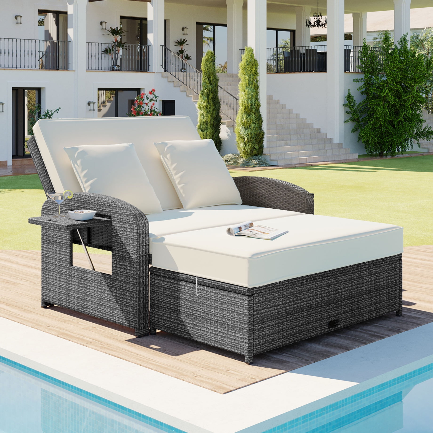 Outdoor Patio Daybed Set with Adjustable Backrest & Storage Ottoman