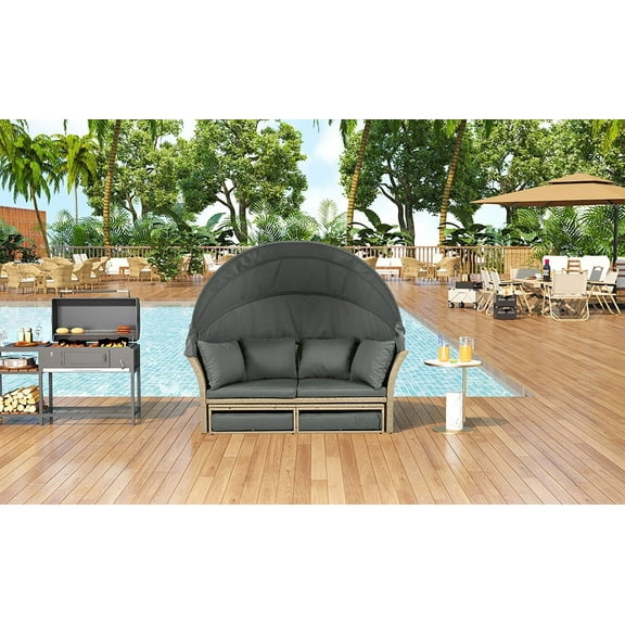 Outdoor Patio Daybed Wicker Rattan Double Daybed Round Sofa Furniture Set with Retractable Canopy, 4 Pillows for Lawn Garden Backyard Porch Pool, Grey