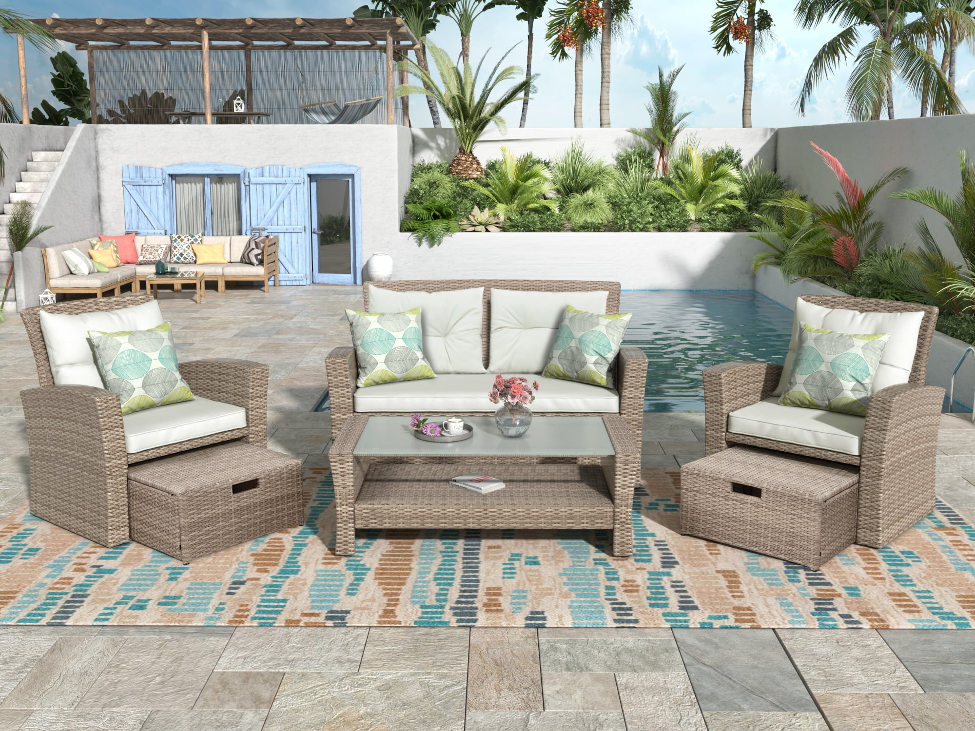 4-Piece Outdoor Patio Furniture Set, All-Weather PE Rattan Sectional Sofa with Ottoman and Cushions, Beige Conversation Set for Garden, Porch, Poolside