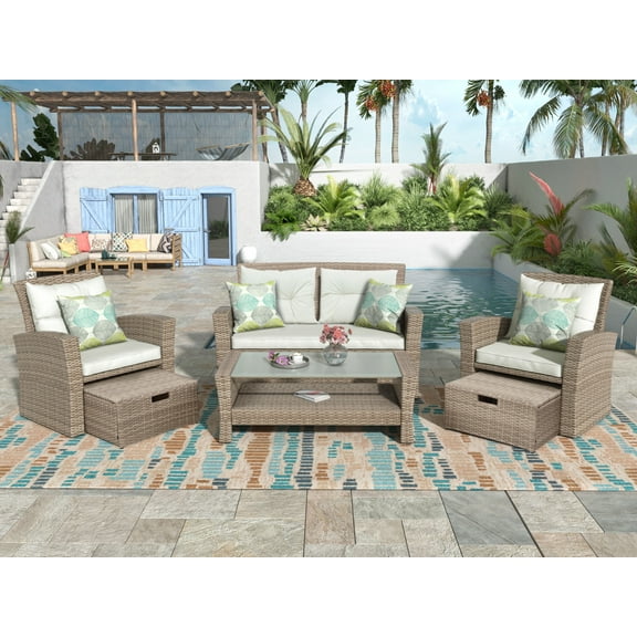 4-Piece Outdoor Patio Furniture Set, All-Weather PE Rattan Sectional Sofa with Ottoman and Cushions, Beige Conversation Set for Garden, Porch, Poolside