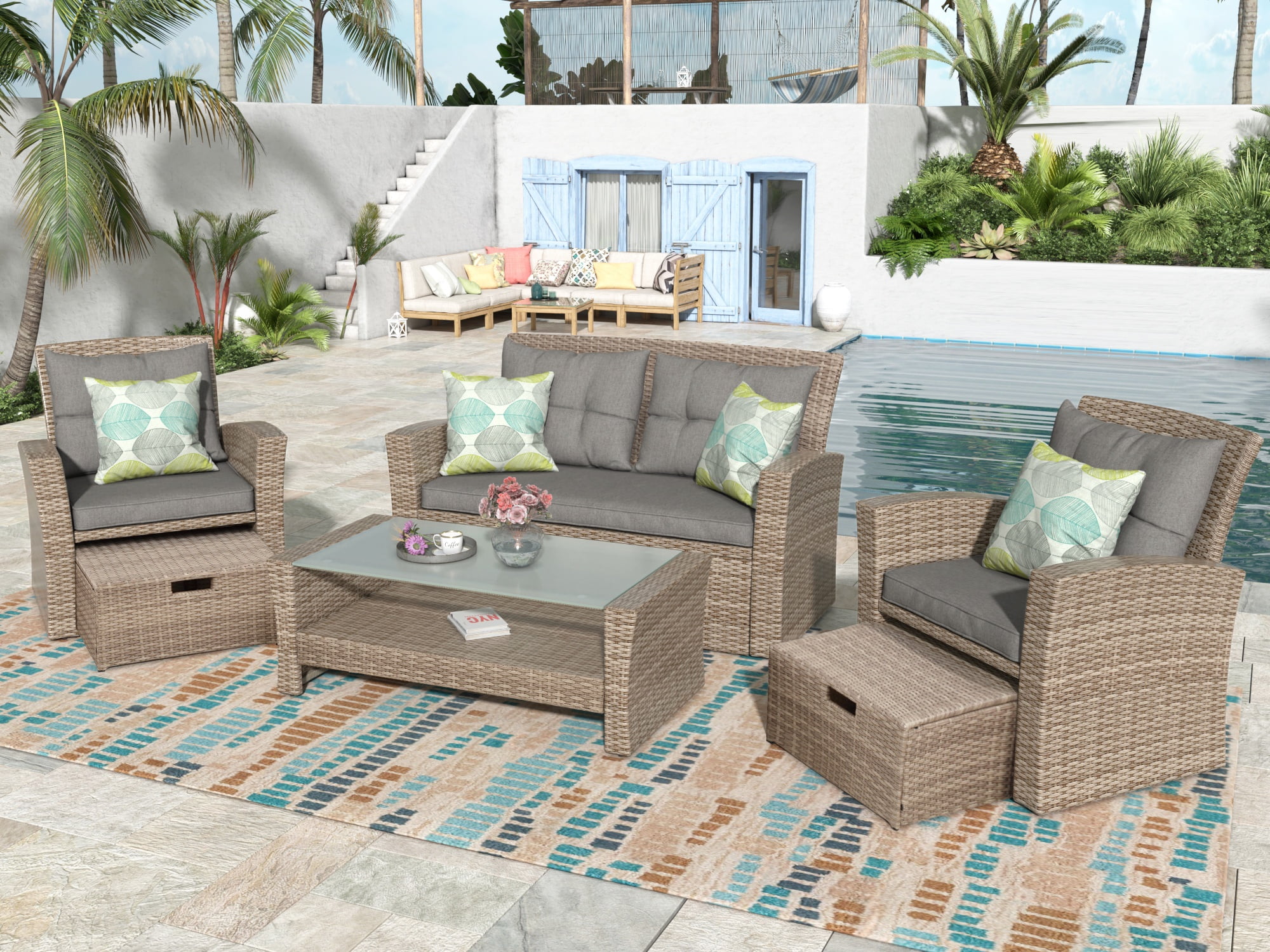 4-Piece Outdoor Patio Furniture Set, All-Weather PE Rattan Sectional Sofa with Ottoman and Cushions, Gray Conversation Set for Garden, Porch, Poolside