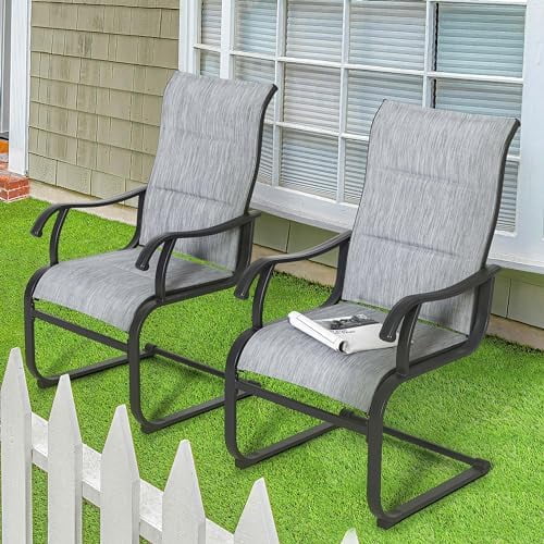 Outdoor Patio Dining Chairs Set of 2, Padded Textilene High Back Patio Chairs,All Weather Breathable Spring Motion Textile Outdoor Dining Chairs for Backyard,Deck, Lawn, Grey$$Garden & Patio