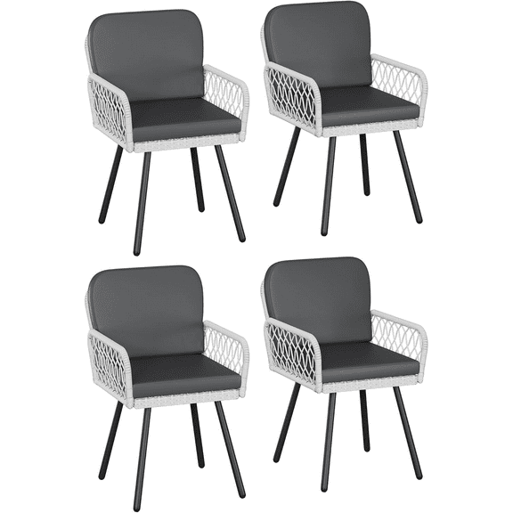 Outdoor Patio Dining Chairs Set of 4 Woven Rattan Chairs  with Armrest & Cushions Kitchen Dining Chairs with Black Metal Frame for Outside, Lawn, Garden, Backyard, Indoor