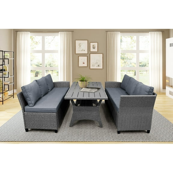 Outdoor Patio Dining Set, 3 Piece Modular Sectional Wicker Sofa Set for Family, Resistant Elegance Conversation Furniture with Removable Seat Cushions, Dining Square Wood Top Table, S7005