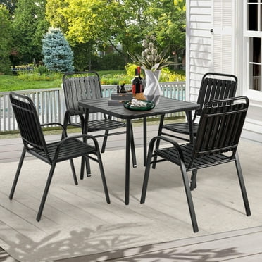 Clearance Outdoor Patio Dining Set for 4, Outdoor Furniture Plastic Table and Chairs, 5-piece Patio Set w/Square Table and Stackable Armchairs, Wood Grain Top, Heavy-duty Steel Frame, Black