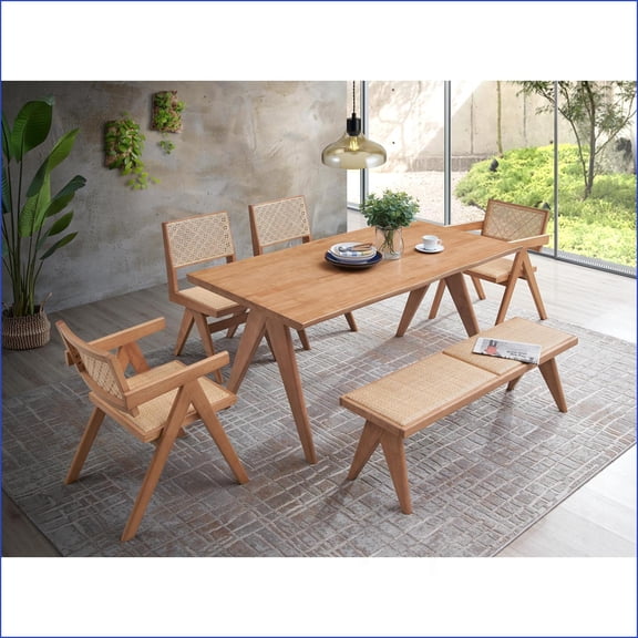 Outdoor Patio Dining Set 5-Piece Rattan Natural Finish | For Meals & Gatherings | No Bench | Natural|Rattan