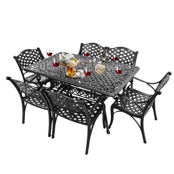 Outdoor Patio Dining Set Cast Aluminum 7 Piece Patio Bistro Dining Set,Metal Rectangular Patio Table and Chairs with Umbrella Hole,Patio Furniture Sets for Garden,Black