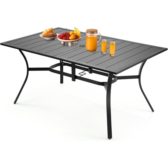 Outdoor Patio Dining Table, 59 inch Long Rectangular Metal Steel Slat Backyard Bistro Tables for 4-6, with 1.5 in Umbrella Hole, All-Weather Large Furniture for Lawn Garden Porch, Black