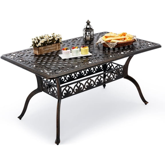 Outdoor Patio Dining Table - All-Weather Cast Aluminum 60" x 28.5“ Patio Rectangular Table with 2" Umbrella Hole for Balcony Lawn Garden Backyard