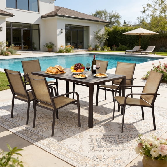 7-Piece Outdoor Dining Table Set, Patio Dining Table Set for 6, Patio Furniture Outdoor Table and Textilene Chairs, HDPE Tabletop, Reinforced Frame, Brown