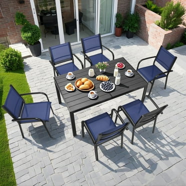 7-Piece Outdoor Dining Table Set, Patio Dining Table Set for 6, Patio Furniture Outdoor Table and Textilene Chairs, HDPE Tabletop, Reinforced Frame, Blue