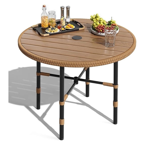 Outdoor Patio Dining Table Round for 4 35.4" Outdoor Tables with Umbrella Hole & Adjustable Levelers All-Weather Bistro Table with Metal Frame for Lawn Garden Backyard