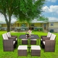 thumbnail image 1 of Outdoor Patio Dining Table Set, 9 Piece Rattan Furniture Set with 4 Ottomans, Resistant PE Wicker Set w/ Removable Cushions, Family Conversation Set for Backyards Garden, 330lbs, Beige, S8113, 1 of 10