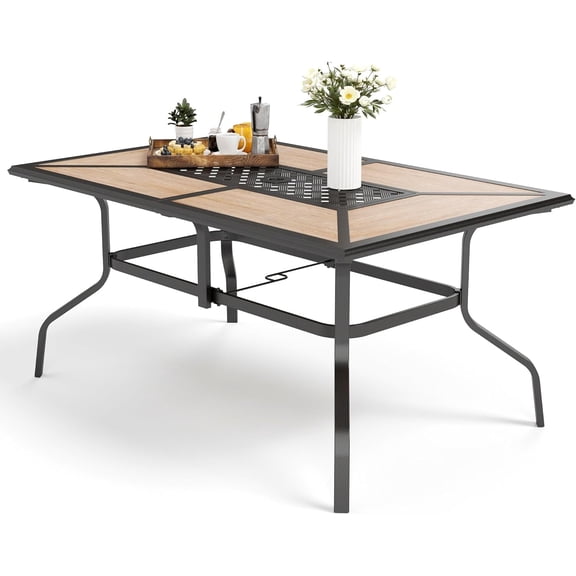 Outdoor Patio Dining Table for 6, Rectangular Patio Furniture Table with Metal Frame and Immitation Top, Adjustable Umbrella Hole