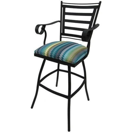 Outdoor Extra Tall Swivel Bar Stool 35" Seat Jenna - Aqua Stripe Fabric - Black