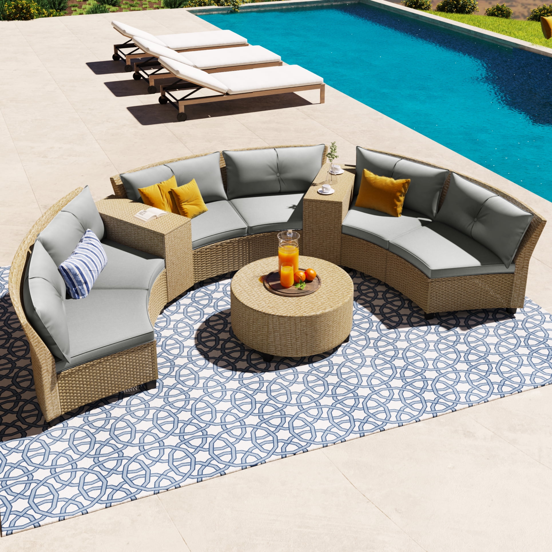 9 Piece Outdoor Wicker Round Sofa Set Half Moon Sectional Patio Sofa Set with Side Table Curved Sofa Set With Round Coffee Table Steel Legs Movable Cushion Beige Cushion Gray Frame Walmart