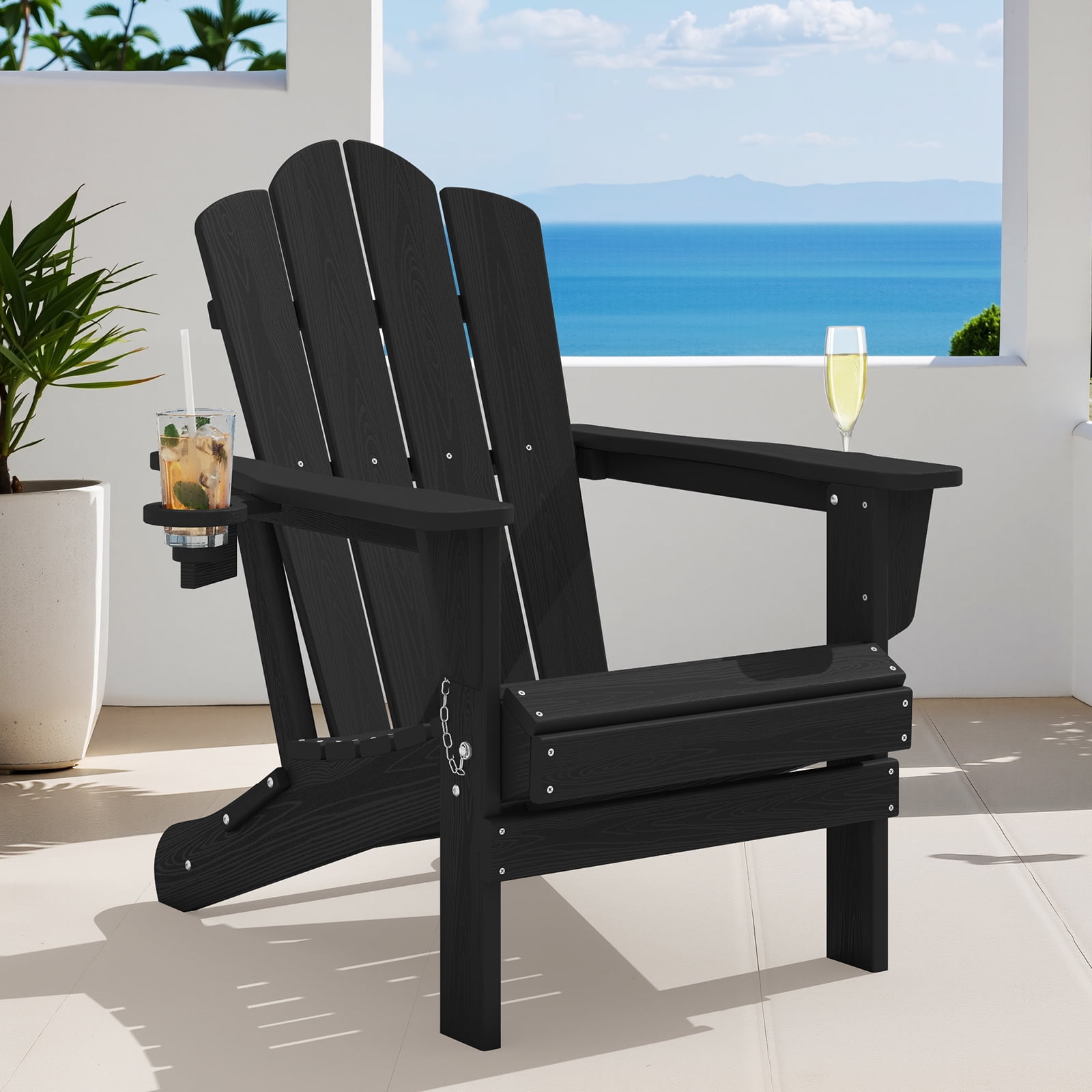 JUSTLET Outdoor Patio Folding HDPE Resin Adirondack Chair with Double Cup Holder, Black
