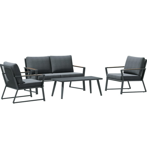 Outdoor Patio Furniture 4 Piece - Aluminum With Armchairs, , Coffee Table And Cushions For Wonderful Moments, Dark Grey Conversation