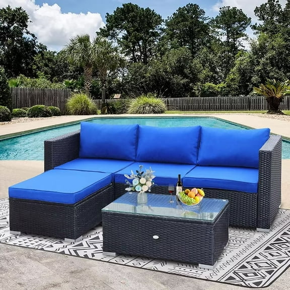 Outdoor Patio Furniture 5 Piece, Patio Furniture Set, Wicker Sectional Patio Furniture, PE Rattan Furniture, Outdoor Sectional Furniture, Patio Conversation Sets (Black+Blue)
