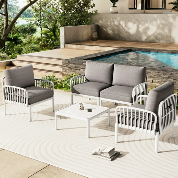 Outdoor Patio Furniture 5 Piece , Sectional With Waterproof Thick Cushions, White & Gray For Balcony, Porch Stylish Square Coffee Table And Water Balcony
