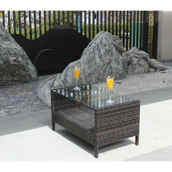 Outdoor Patio Furniture Coffee Table Wicker Steel Tempered Glass