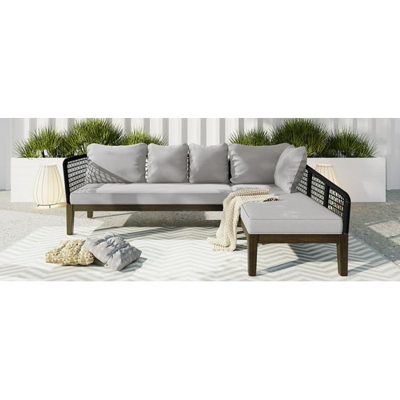 Outdoor Patio Furniture Converstaion Sofa Set, Sectional Sofa Group with Thick Cushions Rope Waved for Garden, Lawn, Poolside, Grey