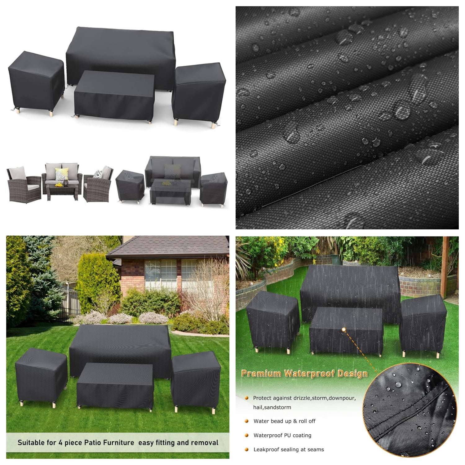 Outdoor Patio Furniture Cover Waterproof 4-Piece Set for Chairs, Loveseat and Coffee Table, Heavy Duty 420D, Black