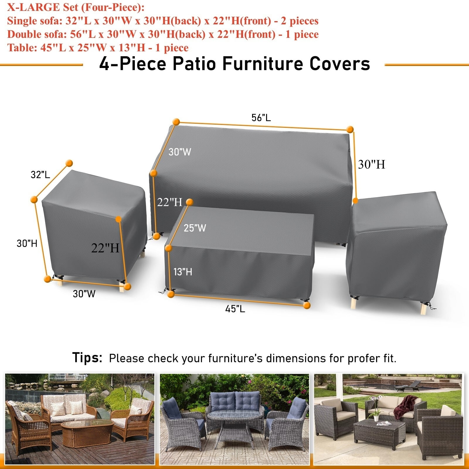 X-Large Gray Waterproof 4-Piece Patio Furniture Cover Set