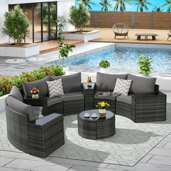 Outdoor Patio Furniture Half-Moon Sectional Set with Tempered Glass Coffee Table, Rattan & Metal Frame, Dark Gray 11-Piece Conversation Group